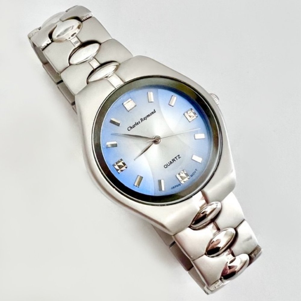 Vintage 1990's Charles Raymond Men's Quartz Watch Stainless Steel Blue Dial NEW